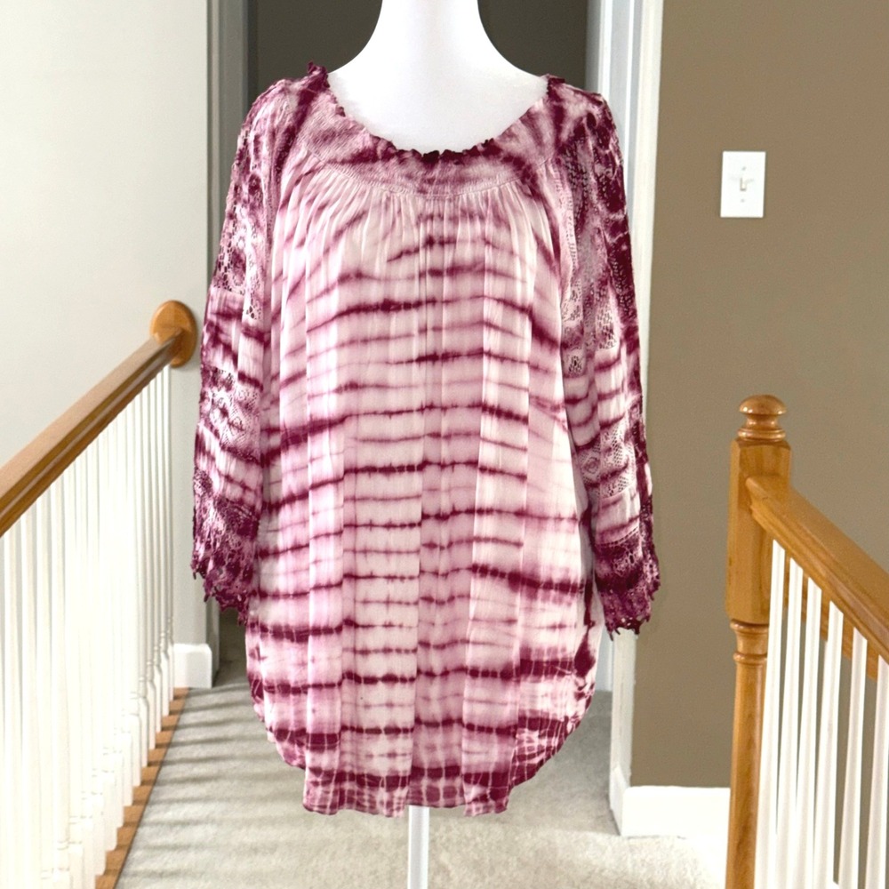 Studio West Apparel Tie Dye Lace Sleeve Peasant Blouse Purple XXL